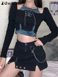 SUCHCUTE Gothic Tie Dye Print Patchwork Crop Tops Women With Chain Long Sleeve Skinny Slim T-Shirt Punk Style 90s Outfits
