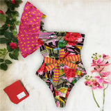 Retro One Piece Swimsuit Women Swimwear Push Up Monokini Print Bandage One shoulder Bathing Suit Bodysuit Beach Wear
