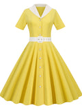 Shirt Rockabilly Dresses Contrast Collar Button Up Short Sleeve Women Elegant High Waist Vintage 60s 50s Midi Swing