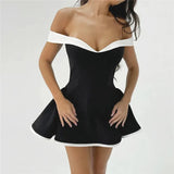 Black Flare White Off-shoulder Mini Dress-Outfit