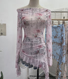 Purely Want A Word Shoulder Ink Print Tie-Dye Mesh Long-Sleeved Shirt Irregular Lotus Leaf Side Top