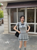 Girl College Style Suit Women's Autumn Knitted Pleated Dress Turn-down Collar Bow Top Two-piece Set Fashion Female