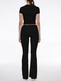 Short Sleeve Cropped Top Fold-over Flare Pants Set- Outfit