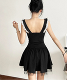Black Lace Strap Pleated Mini Dress-Outfit