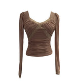 Pure-Want Wind Belt Chest Mat Lace Splicing Mesh Yarn Long-Sleeved T-Shirt Short Slim Top