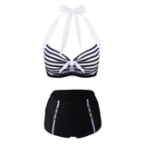 Stripe Tankini Set Bowknot Tummy Control Retro Padded Bikinis Set High Waisted Sailing Style Pin Up Bathing