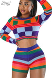Women Winter 2023 New Colorful Plaid Printed Street Casual National Style Sweater Two Pieces Sets Elastic Skinny