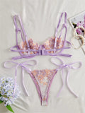 Ribbon Tie Up Embroidery Flower Half Cup Lingerie Set- Outfit