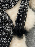 2024 New Fashion Bodycon Long Dress Europen O Neck Long Sleeve Feather Female Senior Mesh Transparent Diamonds