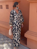 Leopard Printed Side Split Midi Dress Women Sexy V Neck Lantern Sleeve Dresses Fashion Lady Casual Loose Vestidos