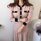 Korean Elegant Knitted Dresses Women Slim A-line High Waist Pleated Dress Female 2023 Gentle Lady Long Sweater Base