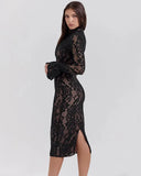Black Lace Front Slit Long Sleeve Midi Dress- Outfit