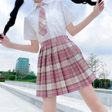 Pink JK Women Pleated Skirt Summer High Waist Fashion Tie Plaid Mini Skirt A Line Cute Sweet Japan Girls Dancing