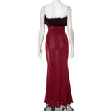 Strapless Red Feather Mesh Maxi Dress- Outfit