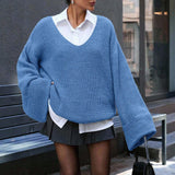 And Winter Loose Street Open Fork V-Neck Sweater Women's Horn Sleeve Coarse Knitted Languid Retro Tide