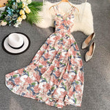 Women Floral Print Long Dress New Summer Sexy V-neck Backless Dresses Female Elegant Bohemian Party Maxi Dress