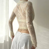 Zingj Lace Gentle Wind Wood Ear Cardigan Lace T-Shirt Female V-Neck Perspective Feeling Kink Crop