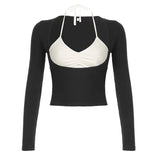 Black Two-piece Halter Patchwork Top- Outfit