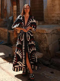 Coconut Printed Grove Puff-sleeve V-neck Maxi Dress Women Elegant Buttons A-line Dresses Summer New Lady Street