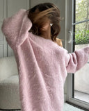 Deep Back V-neck Fuzzy Sweater-Outfit