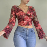 Vintage Fairy Grunge Crop Top Flare Sleeve Autumn Spring Female T-shirt Y2K Graphic Print Kawaii Tee Shirt Women