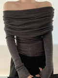French Off Shoulder Slim Long Sleeve Knit-Outfit
