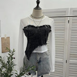 Design Feel Niche Cowboy Splicing Long-Sleeved Mesh T-Shirt Girl Summer Round Collar Dress Short Top
