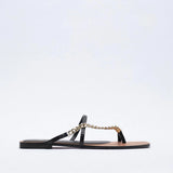 ZAR Brand 2022 New Summer Slippers Women Luxury Fashion Square Toe Metal Chain Flat-Heeled Sandals Woman Shoes Plus Size
