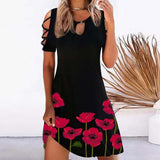 Women Floral Print Party Dresses Sexy Summer Short Sleeve O-Neck Mini Dress For Ladies Hollow Out Design Elegant Dress