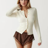 Knit Buttoned Long Sleeve Top And Pleated Mini Skirt-Outfit
