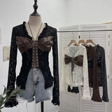 Real Shooting V Tie With Retro 2024 New Hottie Sexy Lace Splicing Pu Skin Hollow Shirt Top