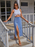 Fashion New Single Breasted Knee Length Denim Skirt Women Streetwear Casual Pocket High Waist Straight Jeans
