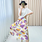Folded Purple Snowflake Print Skirt Gentle Cream Purple Bump Color Daily Slim High Waist Open Straight