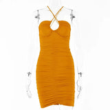 Halter Backless Ruched Mini Dress Women's Summer Sleeveless Bodycon Dresses Women Beach Party Clubwear Dress