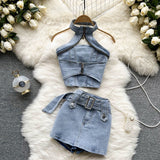 Zingj Street Hot Girl Denim Suit Female New Summer Vintage Hong Kong Style Hanging Neck Short Top Half Body Short Skirt Two