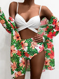 2024 New Bikini Gathering Sexy Mesh Three-Piece Set Of Split-Print Swimsuit