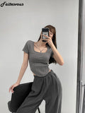 New Bright Line White T-shirt Women Fashion Slim Square Neck Short Sleeve Cropped Tops