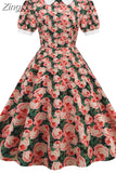 Women Vintage Dress Floral Print Peter pan Collar Elegant Party Dress Puff Short Sleeve Pin Up 50s Party Sundress