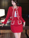 Winter Fashion Plaid Red Tweed Two Piece Set Women Pearls Single Breasted Fringed Woolen Jackets Coat + Pocket Mini