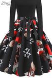 Christmas Dresses Women 50S 60S Vintage Robe Swing Pinup Elegant Party Dress Long Sleeve Casual Print
