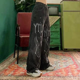 street clothing retro trend pocket jeans female letter star print high waist casual oversized straight pants
