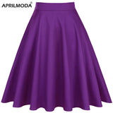 Women High Waist Midi Skirt Summer Vintage Style Cotton Solid Color Purple Ladies A Line Flare Swing Pin Up Rockabilly