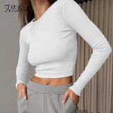 O Neck Ribber Long Sleeve Crop Top Women Autumn Winter White Casual T Shirt Basic Black Sexy Knitted Top Shirts