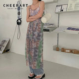 Tie Dye Mesh Maxi Sheer Slip Dress For Women 2021 Summer Spaghetti Strap See Through Long Dress Designer