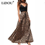 2022 New Bohemian Retro Leopard Print Drawstring A--line Skirt Women Beach Holiday High Waist Casual Maxi Skirts