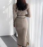 Dress With Belt Vintage Patchwork Slim Knitted Midi Dresses Women Autumn Winter Elegant Sweater Knit Dress 2021