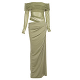 2025 New Women's Temperament Sexy Shoulder Mesh Perspective Long Dress Dress
