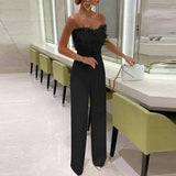Feather Patchwork Lace-up Office Jumpsuit Summer New Women Solid Romper Overalls Sexy Sleeveless Wrap Wide Leg