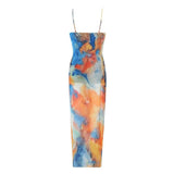 Tie Dye Tulle Long Dress Women Summer Slip Bodycon Dress 2023 Backless Sexy Summer Dresses Midi Evening Party