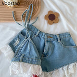 Sweet Lolita Style Denim Shorts Sets Girls Sexy Lace Bandage Camisole Crop Tops Ruffles Jeans Short Pants Women 2PC